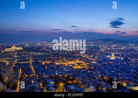 Amazing View on y Athens at magical blue hour (Acropolis of Athes at left corner). View from Filothei hill Stock Photo