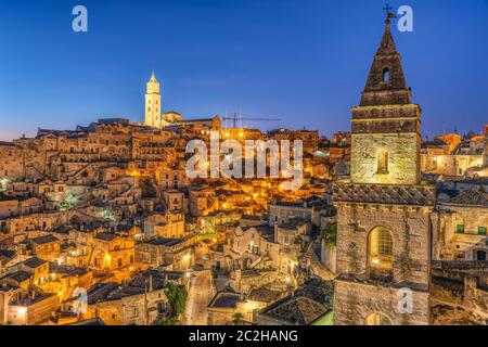 The ancient old town of Matera in southern Italy at night Stock Photo