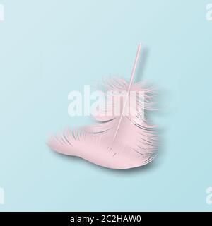 Vector 3d Realistic Falling Pink Fluffy Twirled Flamingo Feather Icon Closeup Isolated on Blue Background. Design Template, Clipart of Angel or Bird Stock Vector