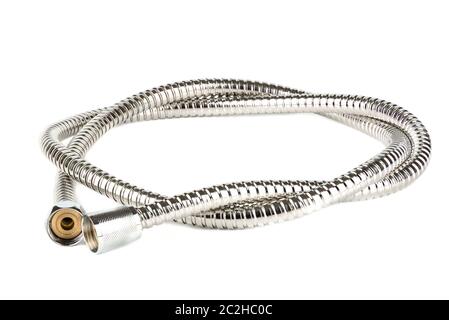 Corrugated metal shower hose isolated on a white background. Close up. Copy space. Stock Photo