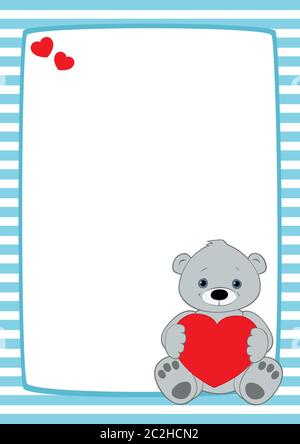Vector frame with light blue and white stripes. Grey teddy bear sitting in the lower right corner, holding red heart. Place for text on a white backgr Stock Vector