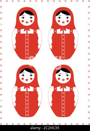 Vector illustration of a Russian nesting doll Matryoshka. Four different facial expressions - smiling, crying, mocking and angry. Plain design. Stock Vector