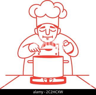 Vector illustration of a male chef standing at the gas stove with a big saucepan on it and tasting the soup. Red outline. Isolated on white. Square. Stock Vector