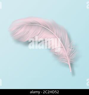 Vector 3d Realistic Falling Pink Fluffy Twirled Flamingo Feather Icon Closeup Isolated on Blue Background. Design Template, Clipart of Angel or Bird Stock Vector