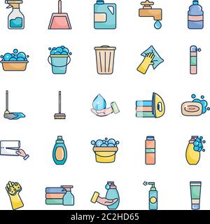 water faucet and cleaning products icon set over white background, line fill style, vector illustration Stock Vector