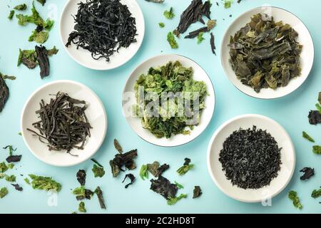 Various dry seaweed, sea vegetables, shot from above on a teal background Stock Photo