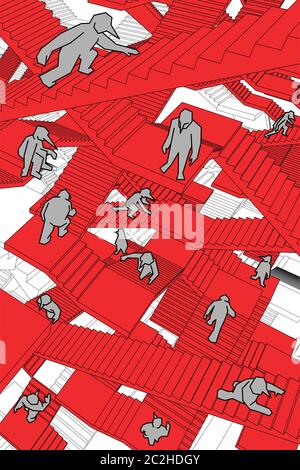 lost and confused people running upwards and downwards a labyrinth of stairs Stock Vector