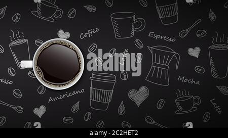 Coffee cup on hand drawn doodle coffee background, vector illustration Stock Vector