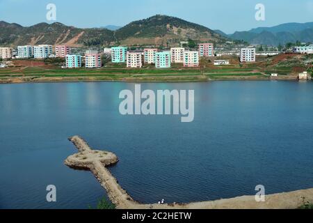 North Korea. Coastal urban-type settlement on the coast of the Ryesong river near Wonsan Stock Photo