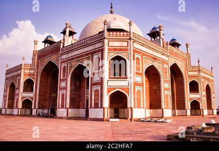 Close up of a humayun tomb entrance against a dramatic blue sky located in New Delhi, India Stock Photo