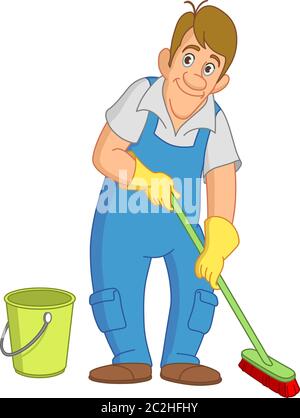 Cleaner man with broom and bucket Stock Vector