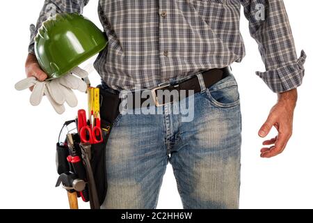Adult craftsman carpenter isolated on white background, he is holding his helmet and leather work gloves. Work tools industry construction, do it your Stock Photo