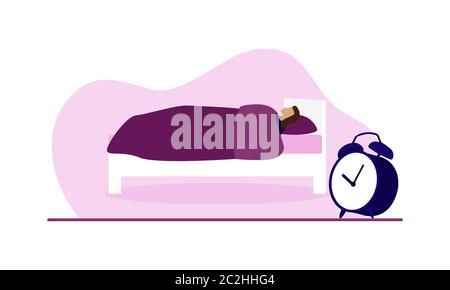 Vector of woman lying on purple and white bed sleeping under blanket with giant alarm clock against purple blob isolated against white background. Stock Vector