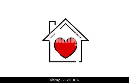 Vector illustration of transparent black line art house with a red heart representing home is where the heart is, isolated on white background. Stock Vector
