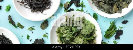 A panorama of dried seaweed, sea vegetables, shot from above on a blue background Stock Photo