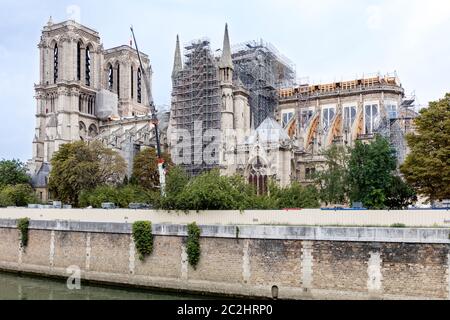 Repair work on fire damaged Cathedral Notre Dame - Sept 1, 2019, Paris, Ile-de-France, France Stock Photo