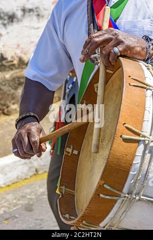 Brazilian ethnic drums players in folk religious festival Stock Photo