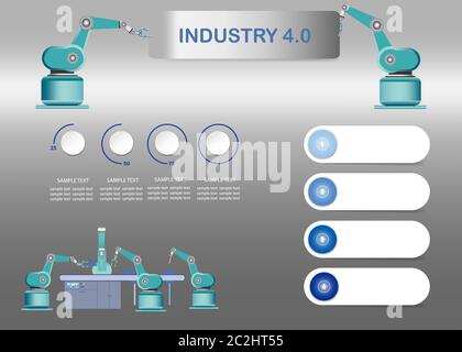 Industry 4.0 Smart factory concept showing blue circle timeline, four blank white labels and robots working on assembly line in factory interior. Stock Photo