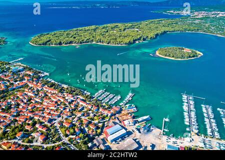 Punat. Town of Punat and monastery island of Kosljun aerial view, Island of Krk, Kvarner bay of Croatia Stock Photo