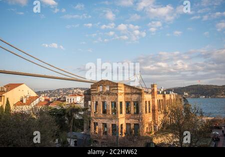 ISTANBUL, TURKEY - FEBRUARY 14, 2016: Esma Sultan Mansion (Esma Sultan Yalisi) and Bosphorus Bridge, Istanbul, Turkey Stock Photo