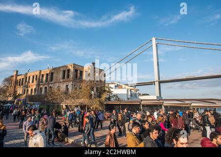 ISTANBUL, TURKEY - FEBRUARY 14, 2016: Esma Sultan Mansion (Esma Sultan Yalisi) and Bosphorus Bridge, Istanbul, Turkey Stock Photo