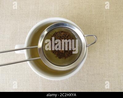 Tea from caraway seeds and caraway fruits in the tea strainer Stock Photo