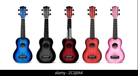 Ukulele guitars of different colors blue, black, dark red, pink. Isolated, close-up on white background Stock Photo