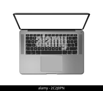 Open laptop top view with blank screen, isolated on white. Dark silver. 3D render illustration Stock Photo