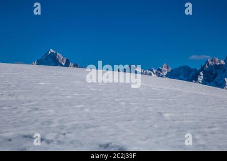 Snowy winter French Alps, ski resort Flaine, Grand Massif area within sight of Mont Blanc, Haute Savoie, France Stock Photo