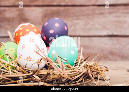 Beautiful Easter multi color egg in straw on wooden background, Easter day concept Stock Photo
