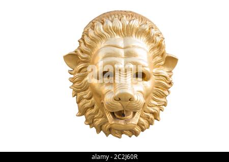 statue of golden lion head isolated on white background Stock Photo