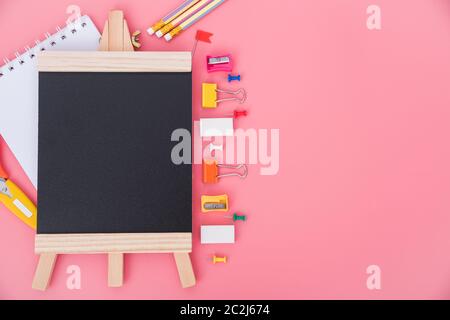Top view tool set for education children on pink  background, back to school concept Stock Photo