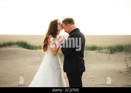 Wedding couple standing and posing on sandy beach. Bride kissing groom's forehead. Wedding day concept. Stock Photo