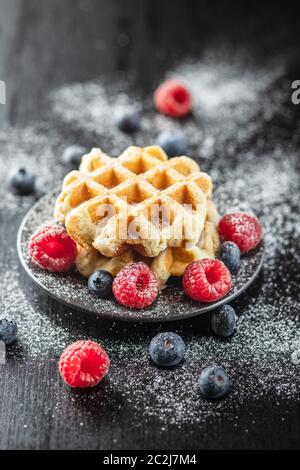 Waffles with blueberries and raspberries sprinkled with sugar. Stock Photo