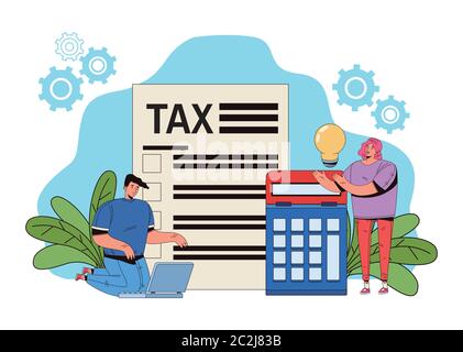 young couple with tax and calculator vector illustration design Stock Vector