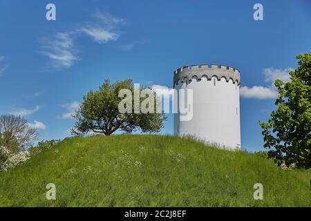 Old white water tower on rampart in city Fredericia, Denmark Stock Photo