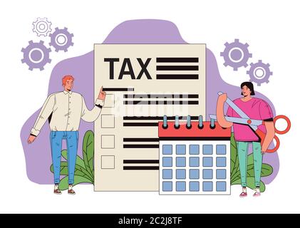 young couple with tax and calendar vector illustration design Stock Vector