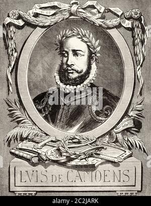 Portrait of Luis Vaz de Camoes (Lisbon 1524-1580) was a Portuguese writer and poet, generally considered to be one of the greatest poets in the Portuguese language; He also wrote some sonnets in Spanish. Old 19th century engraved illustration, El Mundo Ilustrado 1880 Stock Photo