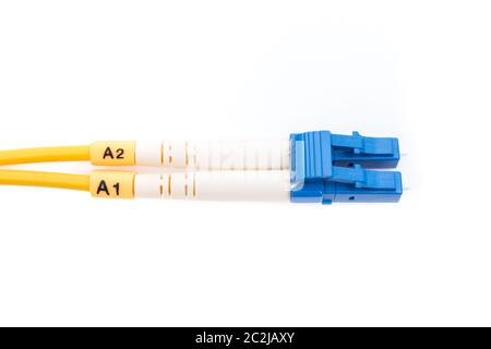 Fiber optic cables single mode LC isolated on white background Stock Photo