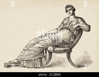 Greek woman sitting, Ancient Greece. Old 19th century engraved illustration, El Mundo Ilustrado 1880 Stock Photo