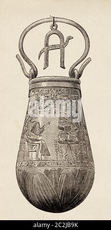 Decorated Situla, 305-30 BC. Ptolemaic Dynasty. Ancient Egyptian culture, Egypt. Old 19th century engraved illustration, El Mundo Ilustrado 1880 Stock Photo