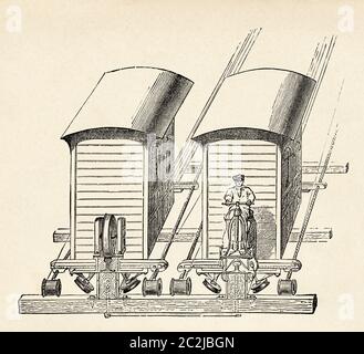 Mount Vesuvius funicular railroad, passenger wagon. Naples, Italy, Europe. Old 19th century engraved illustration, El Mundo Ilustrado 1880 Stock Photo