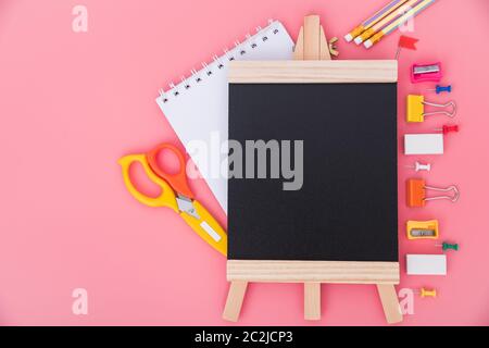 Top view tool set for education children on pink  background, back to school concept Stock Photo