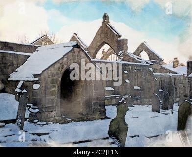 watercolor painting of the ruined medieval church in heptonstall in west yorkshire covered in snow in winter with a blue sky Stock Photo