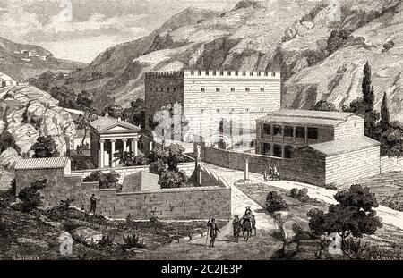 Temple of Aphrodite on the road from Eleusis to Classical Athens. Attica, Ancient Greece. Old 19th century engraved illustration, El Mundo Ilustrado 1880 Stock Photo