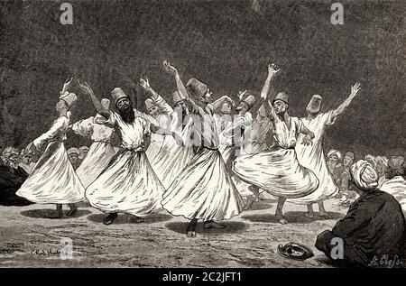 Whirling Dervishes in the 19th century at Cairo, Ancient Egypt. Old 19th century engraved illustration, El Mundo Ilustrado 1880 Stock Photo