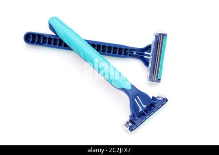 blue disposable shaving razor on white background Stock Photo