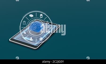 tablet pc with a futuristic interface of a medical app, a hologram of a human brain and a circular hud with icons, concept of science, medicine and te Stock Photo