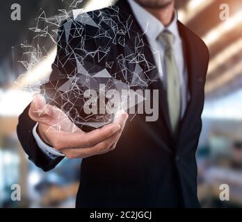 Businessman using flying network interface connection on blurred background Stock Photo