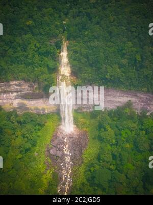 Aerial view to unnamed waterfall near Kaieteur waterfall, one of the tallest falls in the world - Guyana Stock Photo